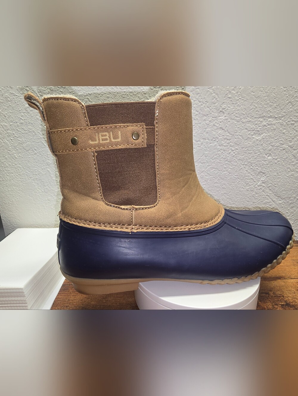 JBU Two-Tone Tan and Navy Waterproof Pull-On Duck Boots
